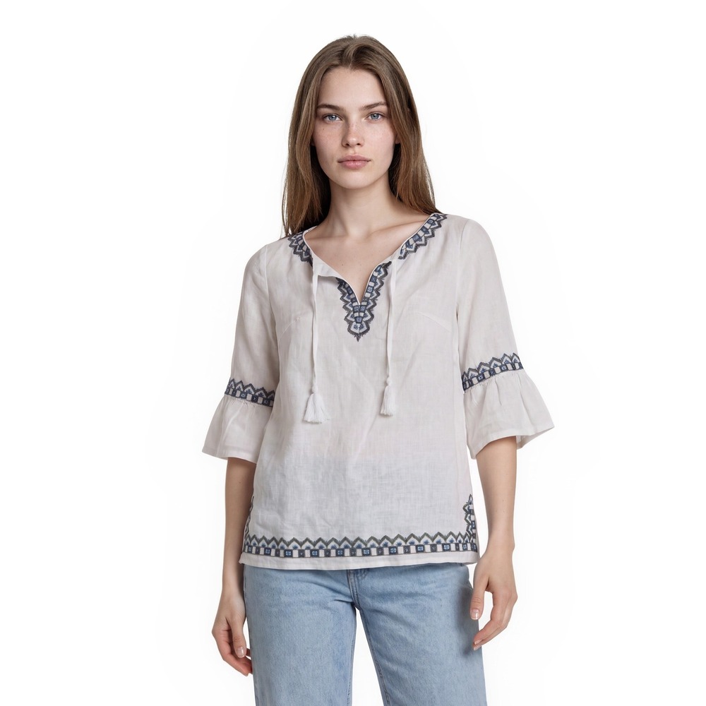 Tweeds 100% Linen Tunic Top Women's Size Medium White Embroidered Bell Sleeve
